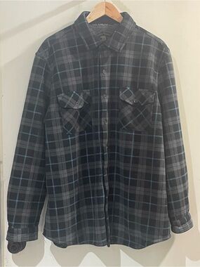 Men's Black and Gray Plaid Button-Down Shirt with Subtle Blue Gray Lines~Sherpa